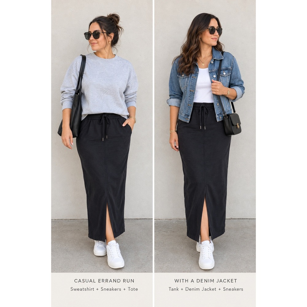 Spanx AirEssentials Midi Skirt Women 1X Black Drawstring Slit Sample